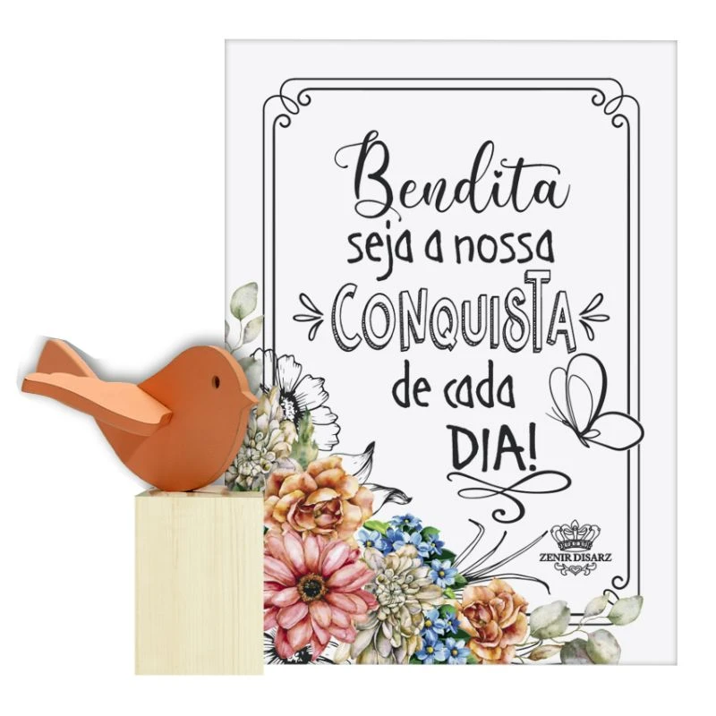 ENFEITE DE MESA COM APLIQUE BENDITA SEJA A NOSSA...CELEBRAÇÃO 13X14X5