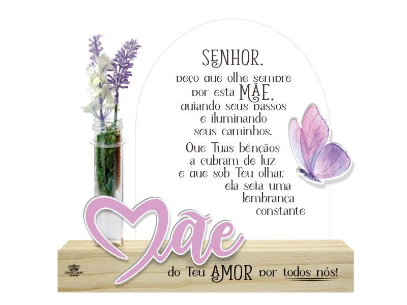 ENFEITE DE MESA COM PLACA E TUBETE MÃE SENHOR PEÇO QUE OLHE...20X20X3,5