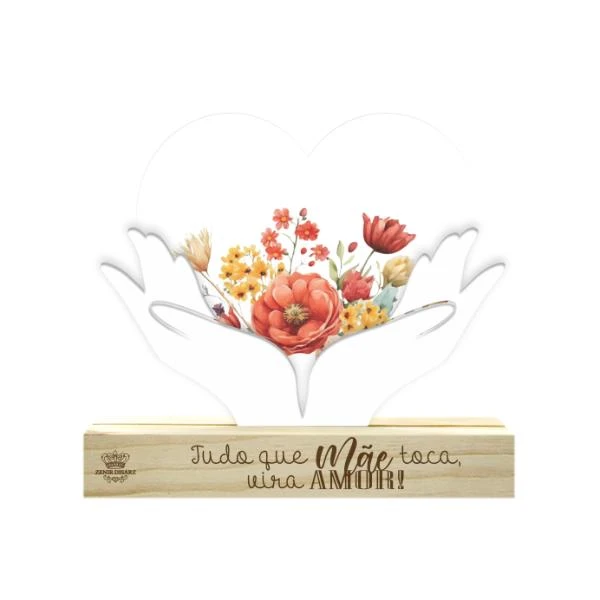 ENFEITE DE MESA COM APLIQUE E PLACA TUDO QUE MÃE...PASSARINHO 14X16X3,5