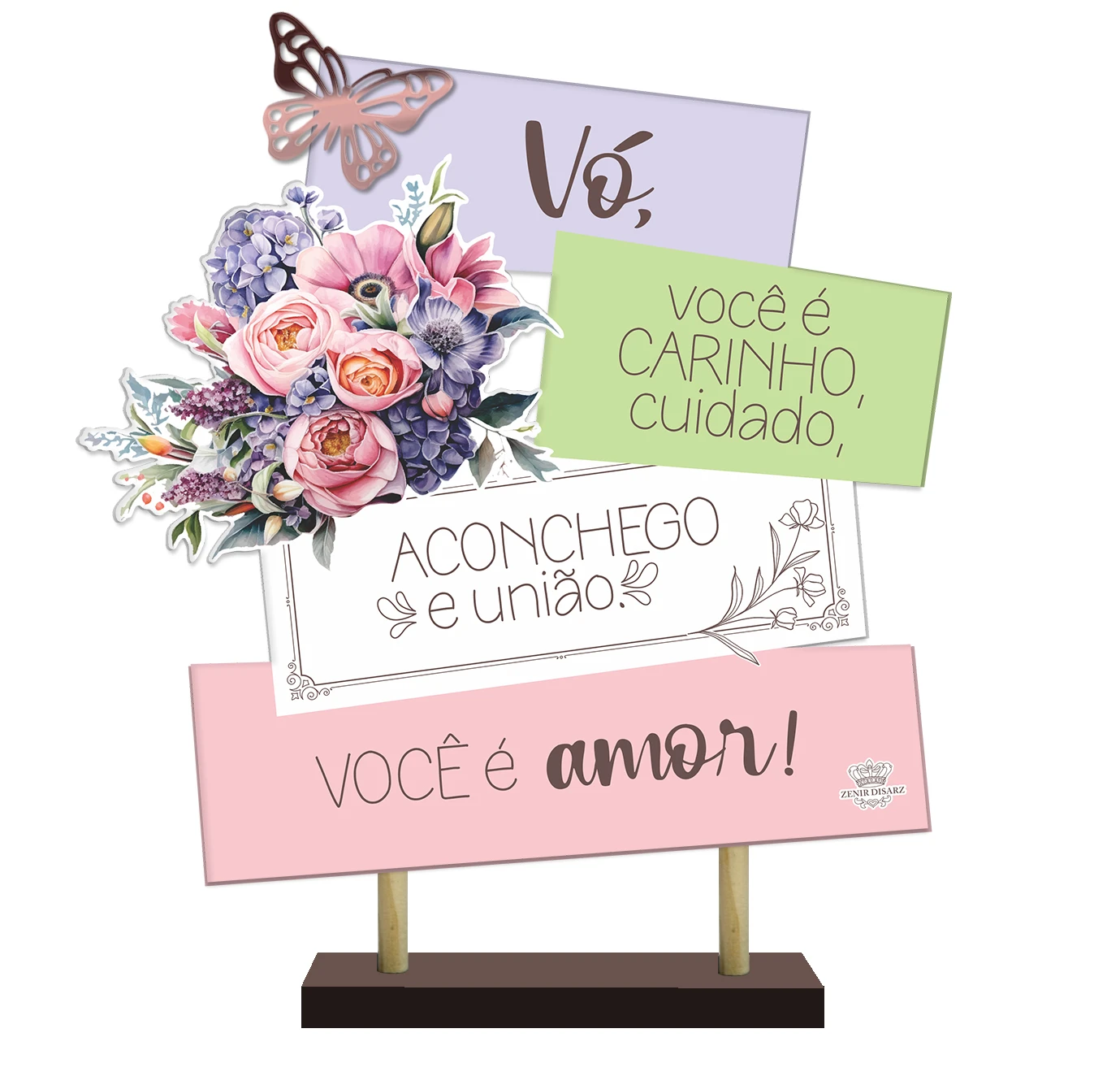 ENFEITE DE MESA COM PLAQUINHAS VÓ VOCÊ É CARINHO CUIDADO...BORBOLETA 22X20