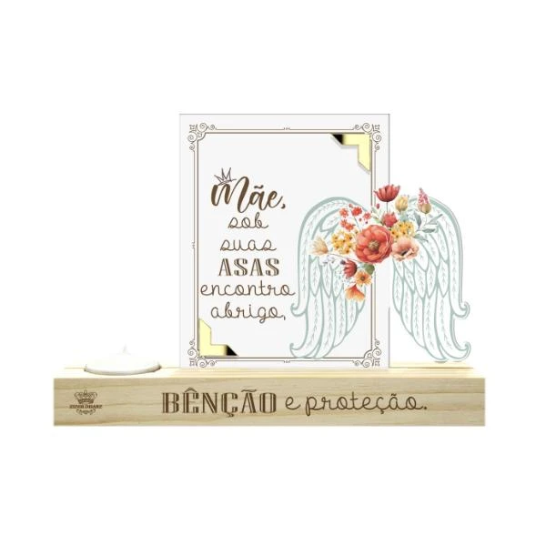 ENFEITE DE MESA COM VELA E APLIQUE MÃE SOB SUAS ASAS ENCONTRO ABRIGO...14X20X4,5