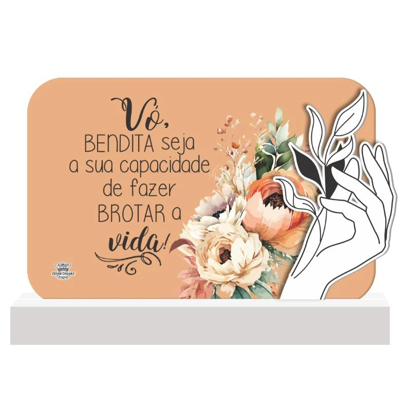 ENFEITE DE MESA COM APLIQUE VÓ BENDITA SEJA...BENÇÃO 17X25X3,5