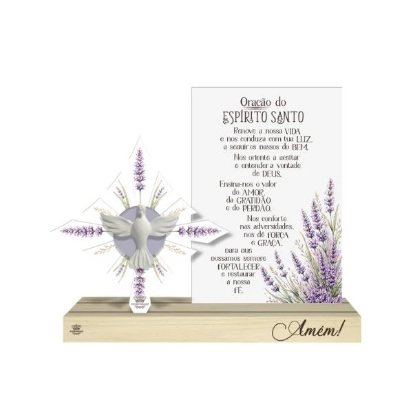 ENFEITE DE MESA COM APLIQUE E PLACA ORAÇÃO DO ESPIRITO SANTO 21X27,5X4,5