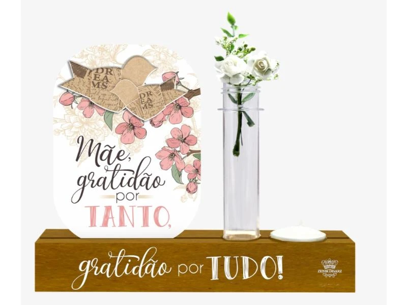 ENFEITE DE MESA COM VELA E APLIQUE E TUBETE MÃE GRATIDÃO...CEREJEIRA 16X20X4,5