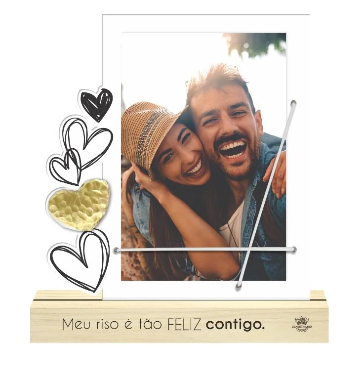 PORTA-RETRATO CRU COM ELÁSTICO MEU RISO É TÃO FELIZ CONTIGO...19,5X18X3