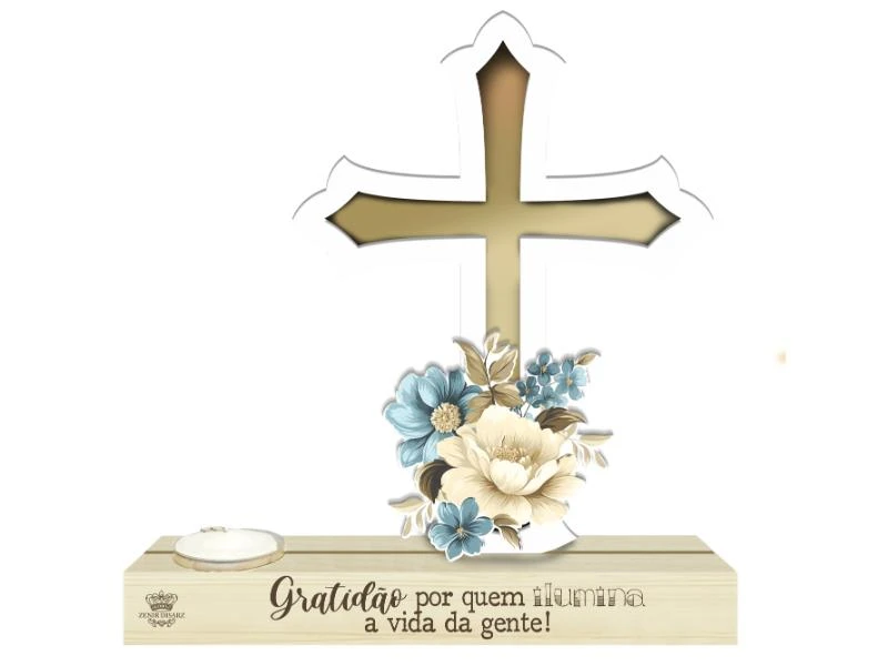 ENFEITE DE MESA COM VELA CRUZ GRATIDÃO POR QUEM ILUMINA...21X20X4,5