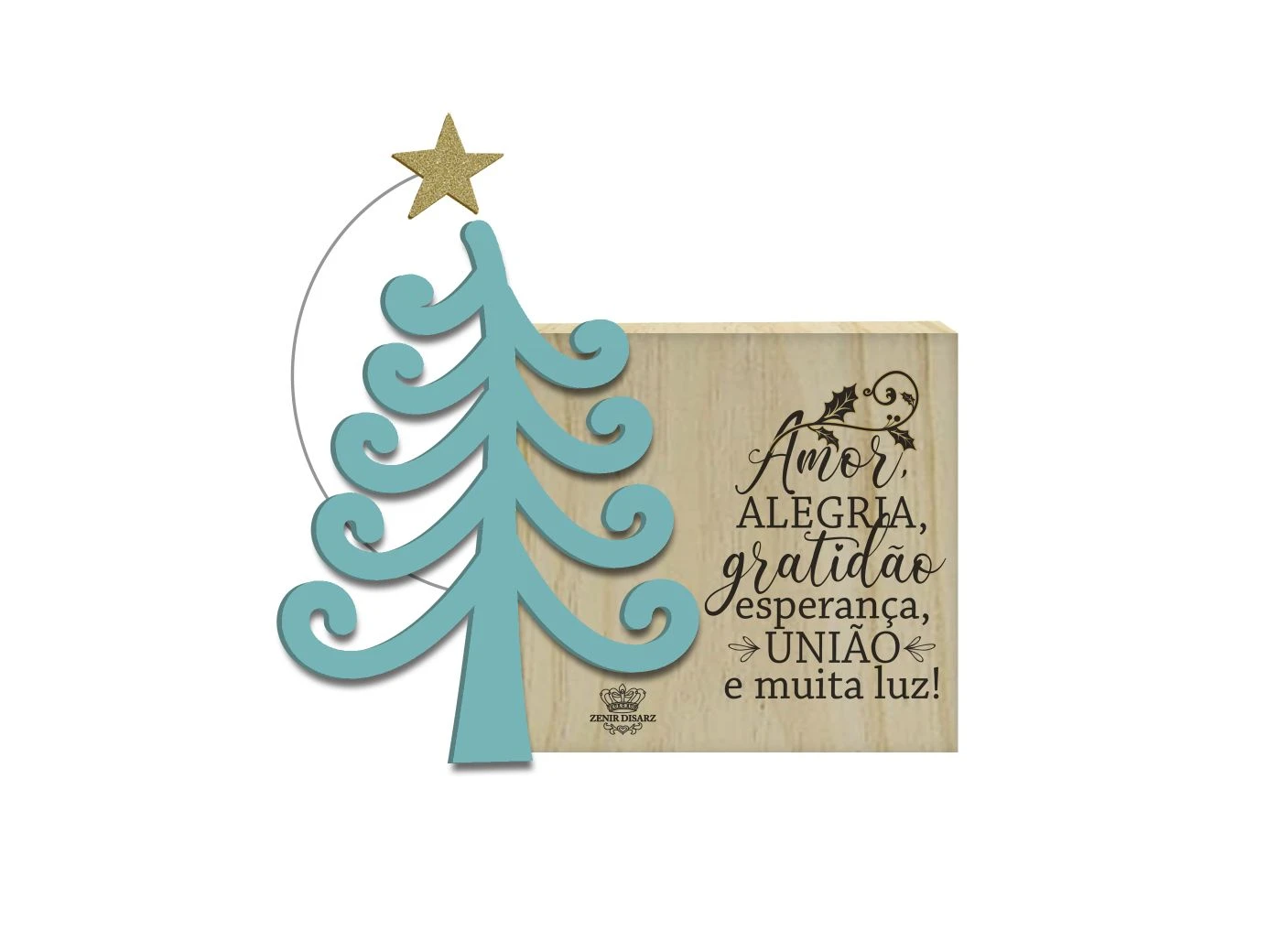 PLACA DE MESA COM PINHEIRO E ESTRELA AMOR, ALEGRIA...15X16X3