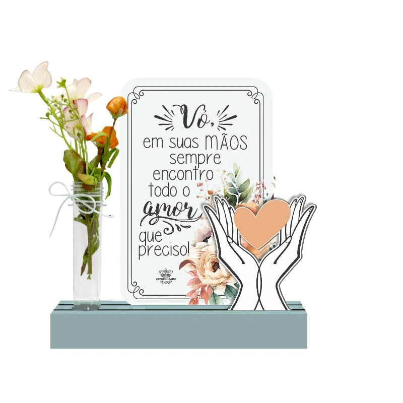 ENFEITE DE MESA COM TUBETE E PLACA VÓ EM SUAS MÃOS...BENÇÃO 20X20X4,5