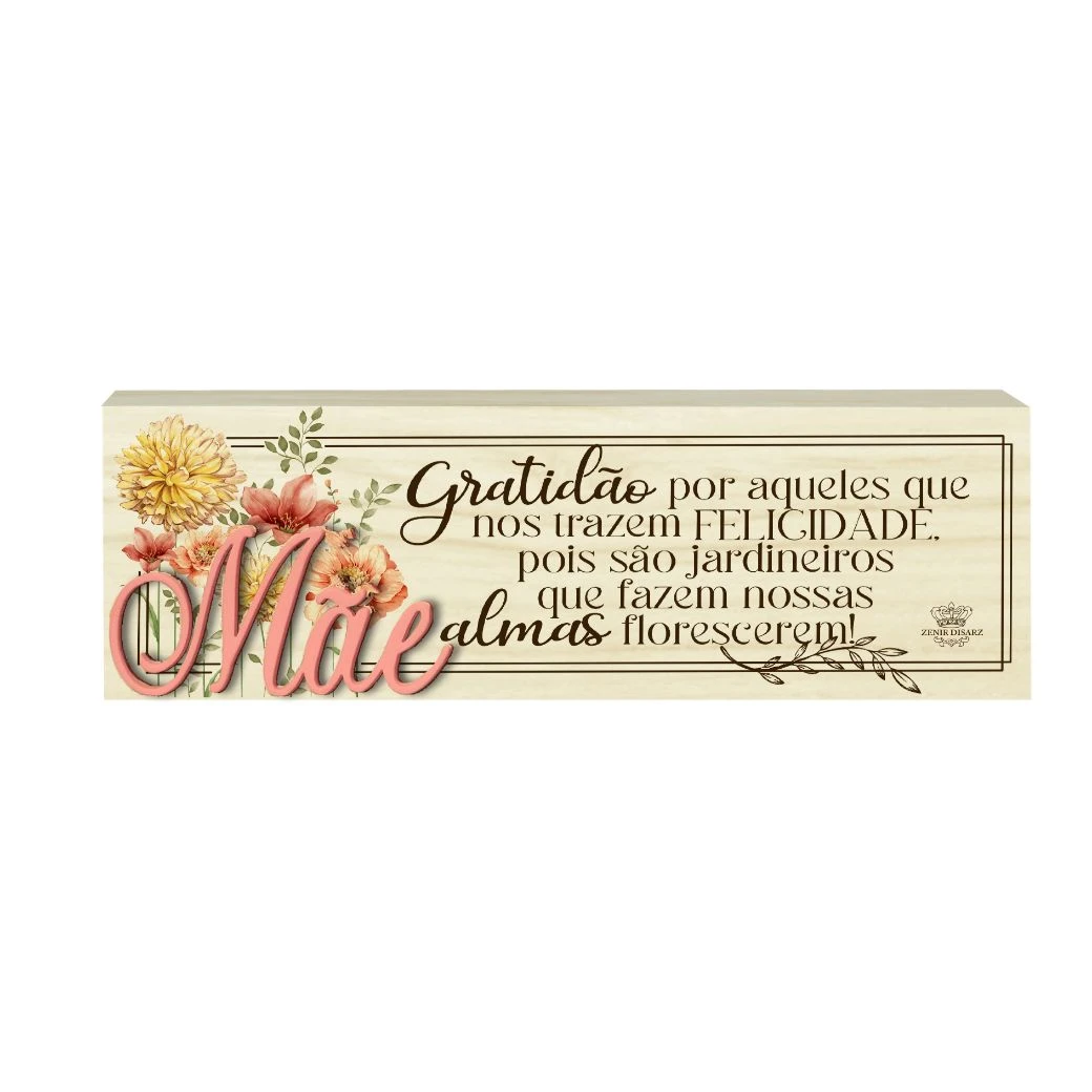 PLACA DE MESA CRU COM APLIQUE MÃE GRATIDÃO...7,5X22