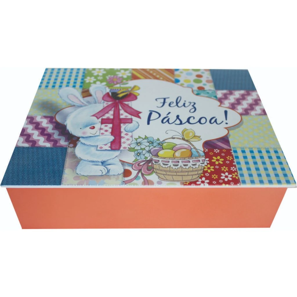 CAIXA LARANJA FELIZ PÁSCOA! XADREZ 16X20,5X5,5