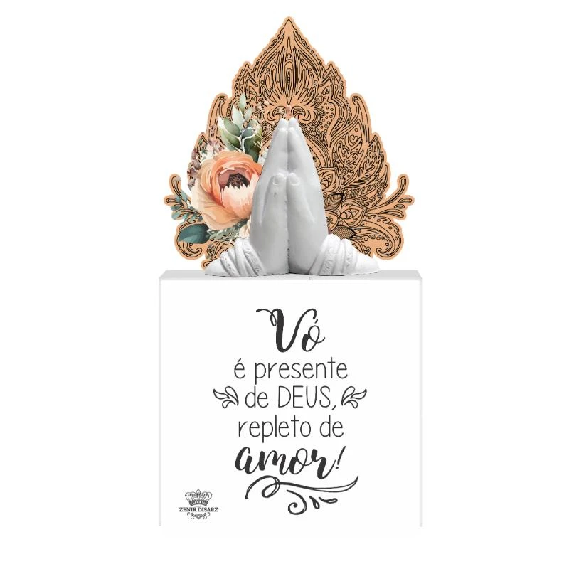 PLACA DE MESA COM APLIQUE VÓ É PRESENTE...BENÇÃO 20X10