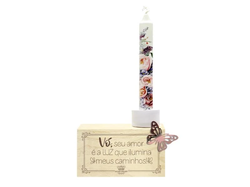 ENFEITE DE MESA COM APLIQUE E VELA VÓ, SEU AMOR É A LUZ...BORBOLETA 18X9X4