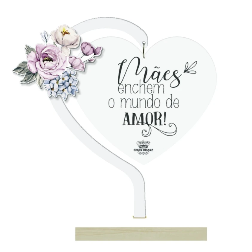 ENFEITE DE MESA COM CORAÇÃO EM ACRILICO MÃES...BRISA 17X13,5