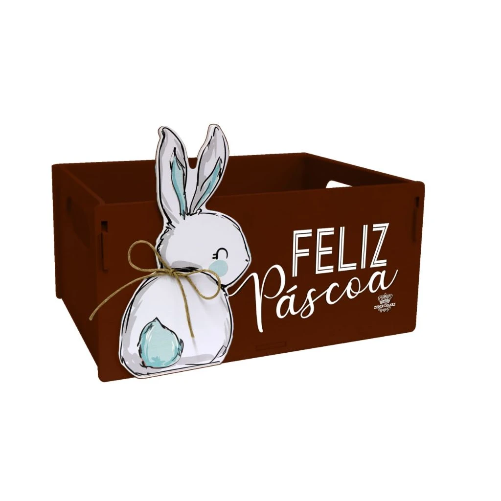 CAIXA NINHO COM APLIQUE FELIZ PÁSCOA...MARROM 14X21X15