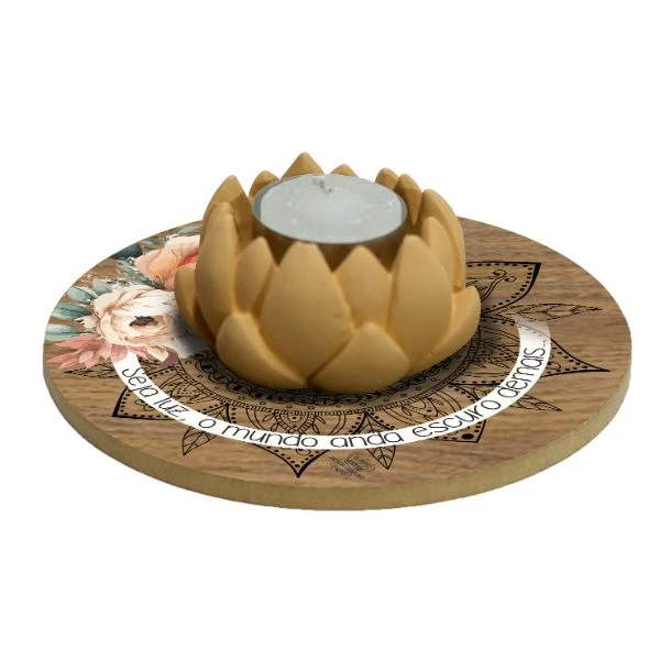 ENFEITE DE MESA COM PORTA VELA SEJA LUZ, O MUNDO...BENÇÃO 5X14X14