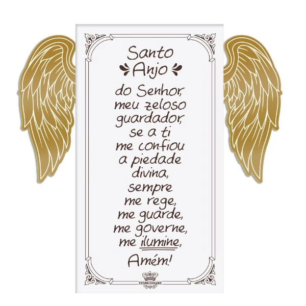 PLACA DE MESA COM ASAS DOURADAS SANTO ANJO...FLORESCER 18X20