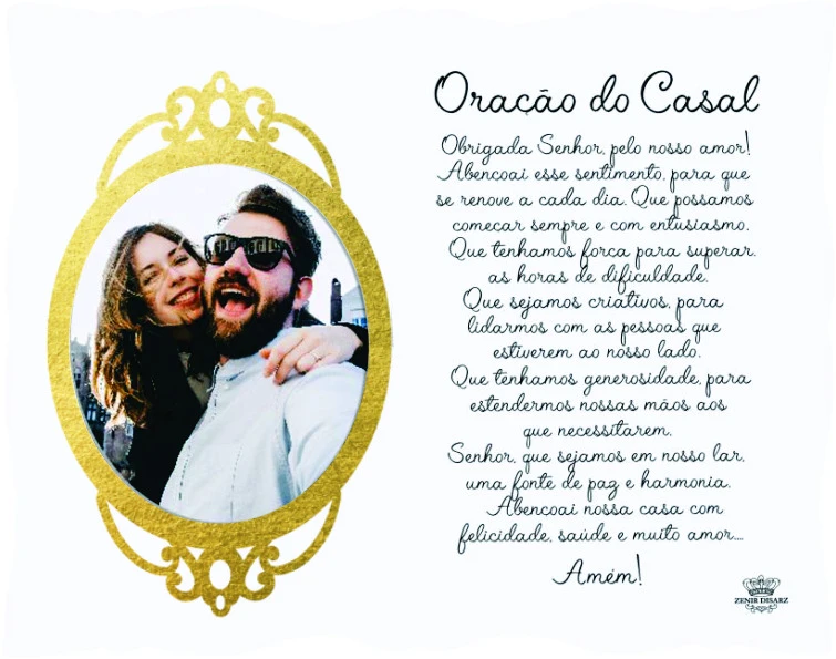 PORTA-RETRATO COM MOLDURA DOURADA ORAÇÃO DO CASAL 21X26