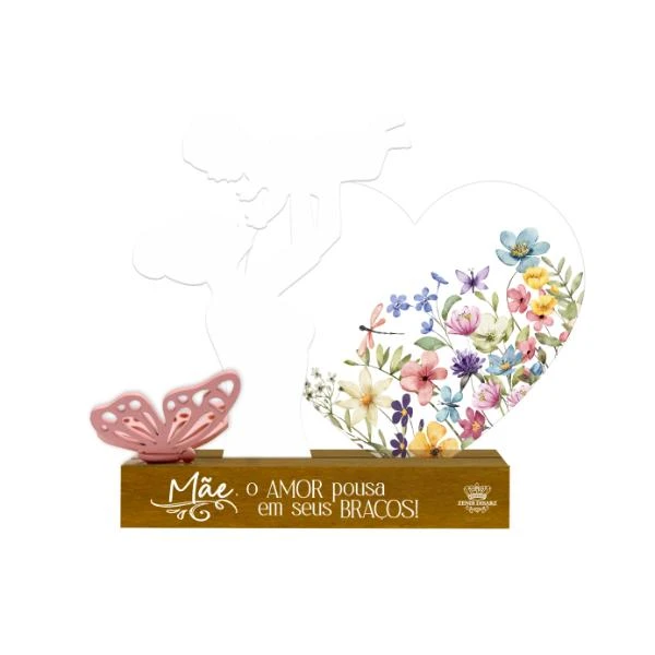 ENFEITE DE MESA COM APLIQUE MÃE O AMOR POUSA...BORBOLETA 16,5X21X6