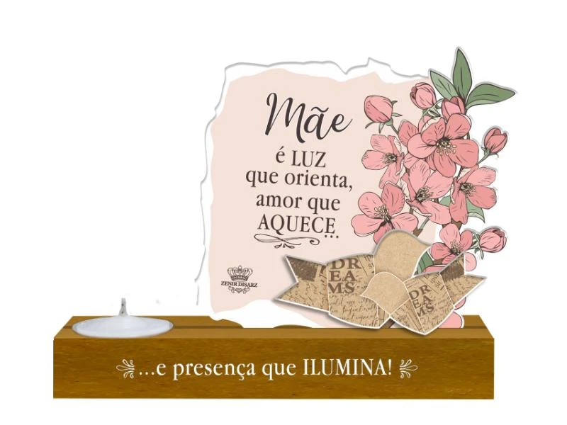 ENFEITE DE MESA COM VELA E APLIQUE MÃE É LUZ...CEREJEIRA 14X18X6