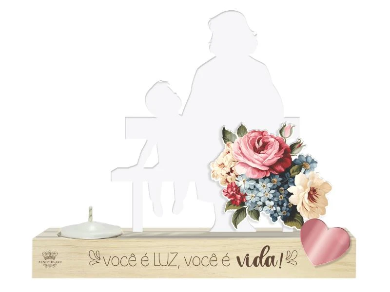 ENFEITE DE MESA COM VELA E APLIQUE VÓ, VOCÊ É LUZ...14X20X4,5