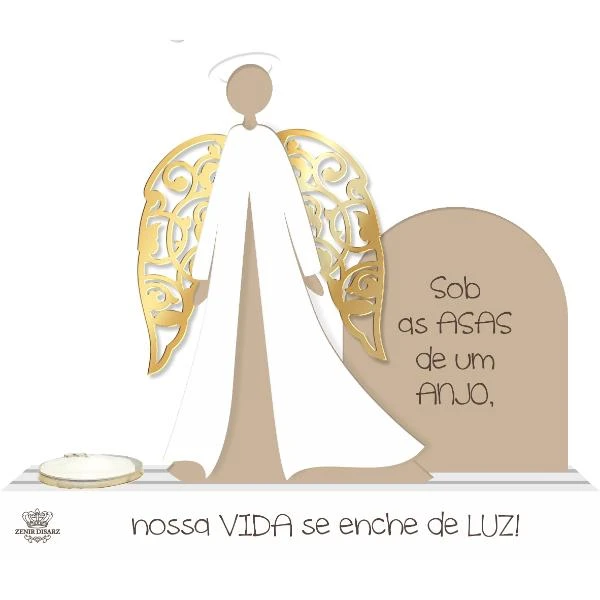 ENFEITE DE MESA COM VELA E APLIQUE SOB AS ASAS DE UM ANJO...17X20X4,5