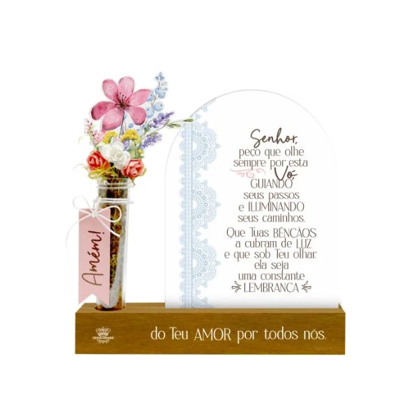 ENFEITE DE MESA COM PLACA E TUBETE SENHOR PEÇO QUE OLHE...VÓ BORBOLETA 20X20X3,5