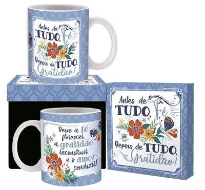 CANECA CERÂMICA ANTES DE TUDO FÉ, DEPOIS DE TUDO GRATIDÃO