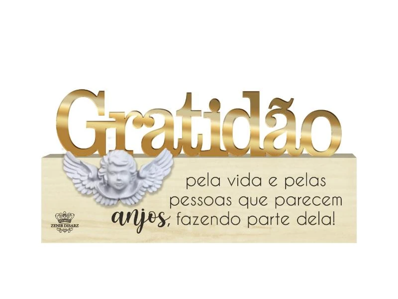 MADEIRINHA CRU GRATIDÃO(DOURADA) COM APLIQUE ANJO... 9X18