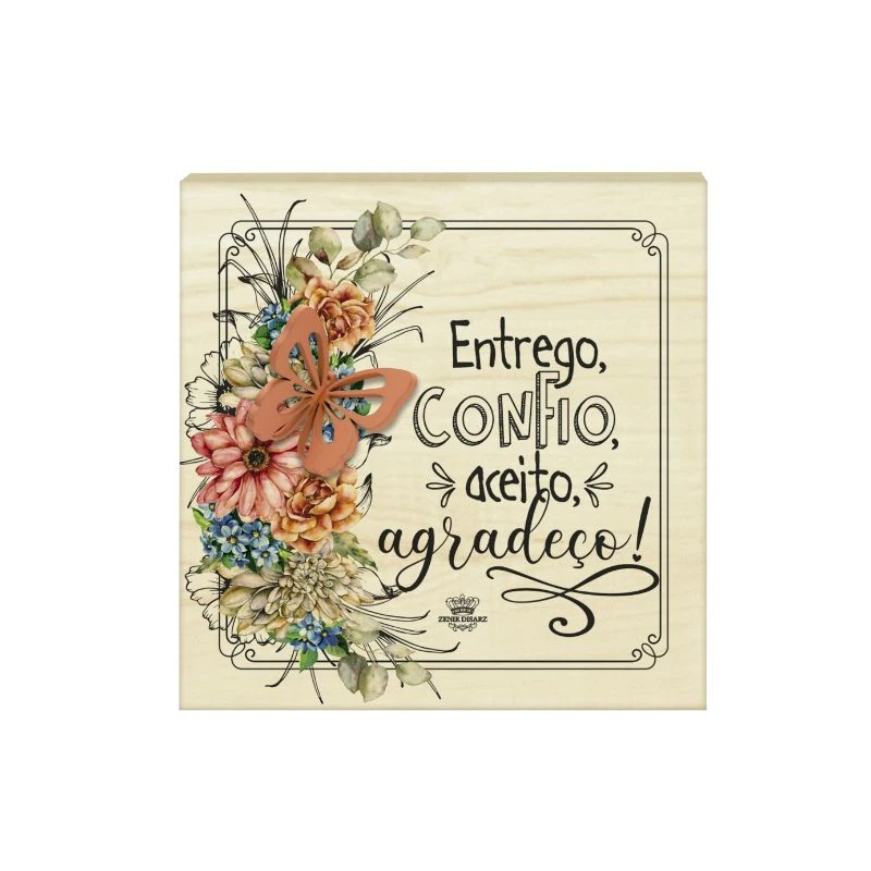 PLACA DE MESA CRU COM APLIQUE ENTREGO, CONFIO, ACEITO...CELEBRAÇÃO 16,5X16,5
