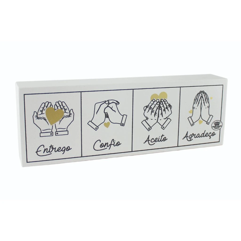 PLACA DE MESA DOURADO ENTREGO, CONFIO, ACEITO, AGRADEÇO 7,5X22