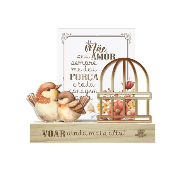 ENFEITE DE MESA COM APLIQUE MÃE SEU AMOR SEMPRE...PASSARINHO 15X16X4,5