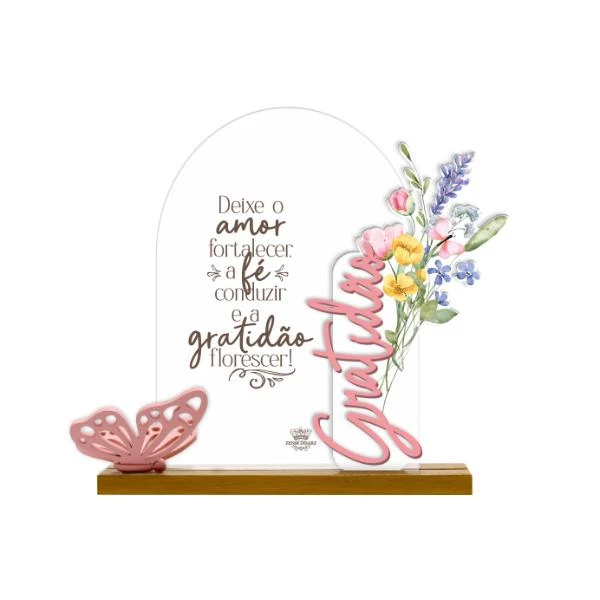 ENFEITE DE MESA COM APLIQUE DEIXE O AMOR FORTALECER...BORBOLETA 18,5X21X6