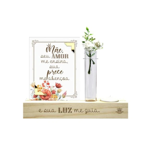 ENFEITE DE MESA COM VELA E APLIQUE E TUBETE MÃE SEU AMOR...PASSARINHO 16X20X4,5
