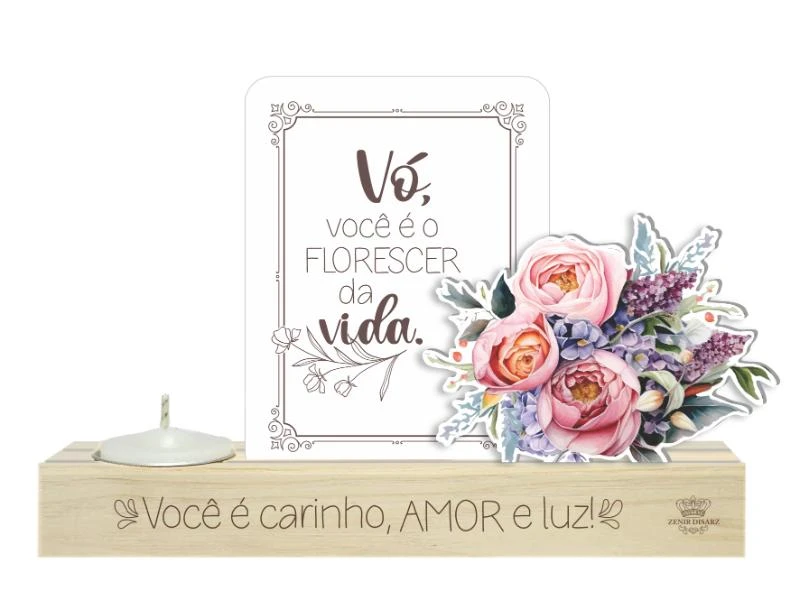 ENFEITE DE MESA COM VELA E FLORES VÓ VOCÊ É O FLORESCER...BORBOLETA 12X18X4,5