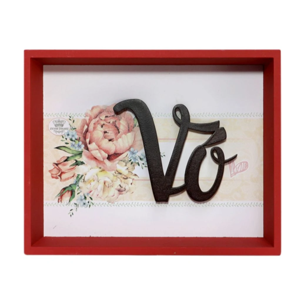 QUADRO COM APLIQUE VÓ...FLORAL SALMÃO 15X19X4,5