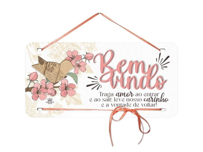 MÓBILE DE PAREDE COM APLIQUE BEM-VINDO, TRAGA AMOR...CEREJEIRA 14X28
