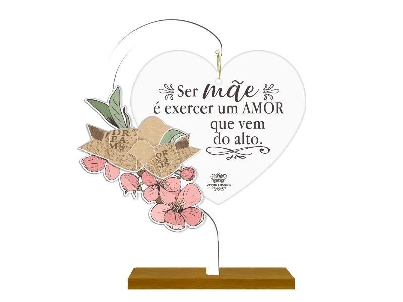 ENFEITE DE MESA COM CORAÇÃO EM ACRILICO SER MÃE É EXERCER...CEREJEIRA 17X13,5