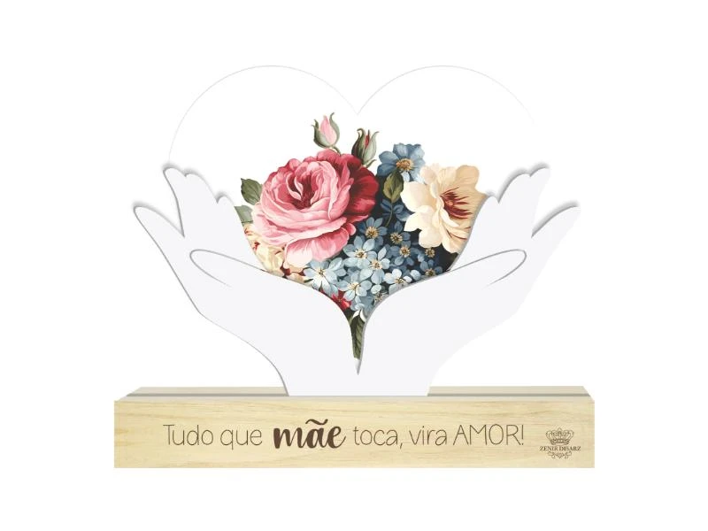 ENFEITE DE MESA COM APLIQUE E PLACA TUDO QUE MÃE...14X16X3,5