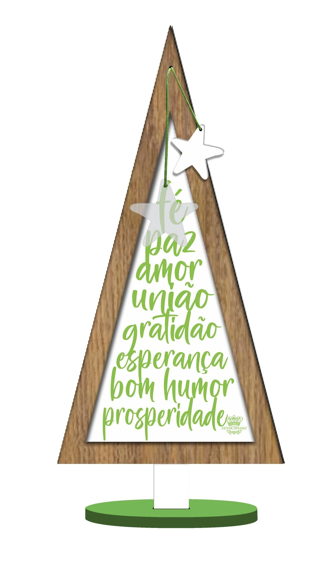 ENFEITE DE MESA PINHEIRO COM APLIQUE FÉ, PAZ, AMOR...28X13X5