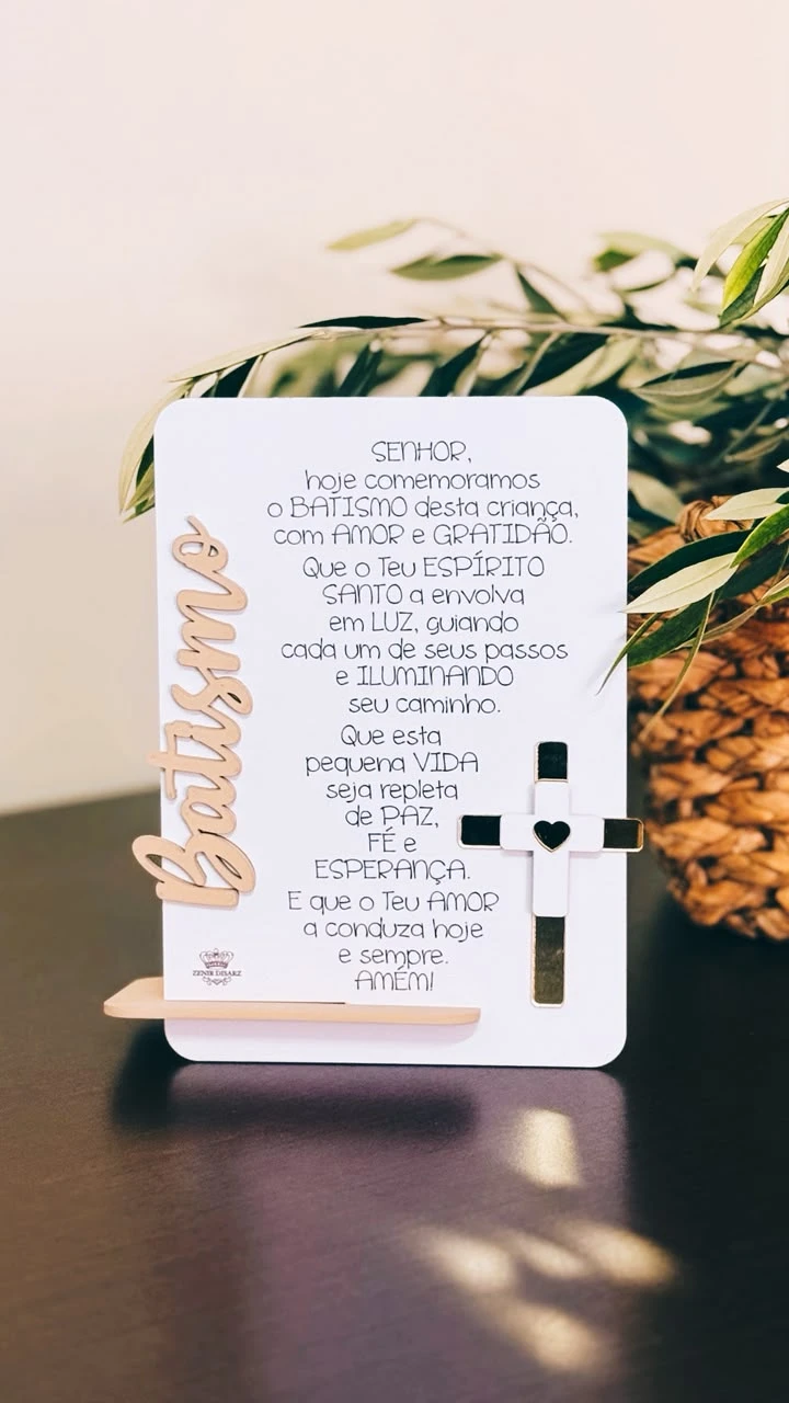 PLACA DE MESA COM APLIQUE BATISMO 20X15
